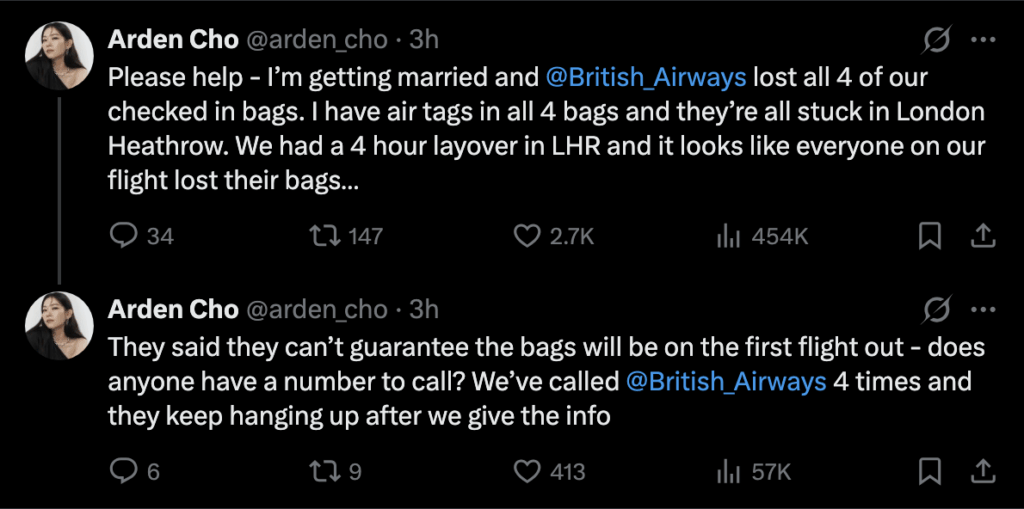 Arden Cho lost her baggage on the way to her wedding in Italy