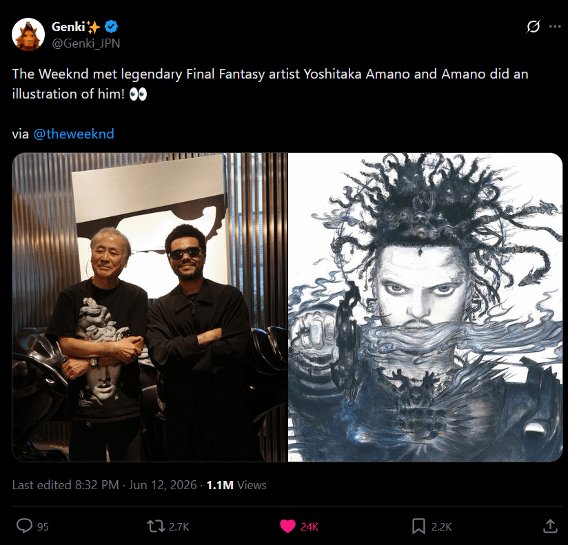 "The Weeknd met legendary Final Fantasy artist Yoshitaka Amano and Amano did an illustration of him!"