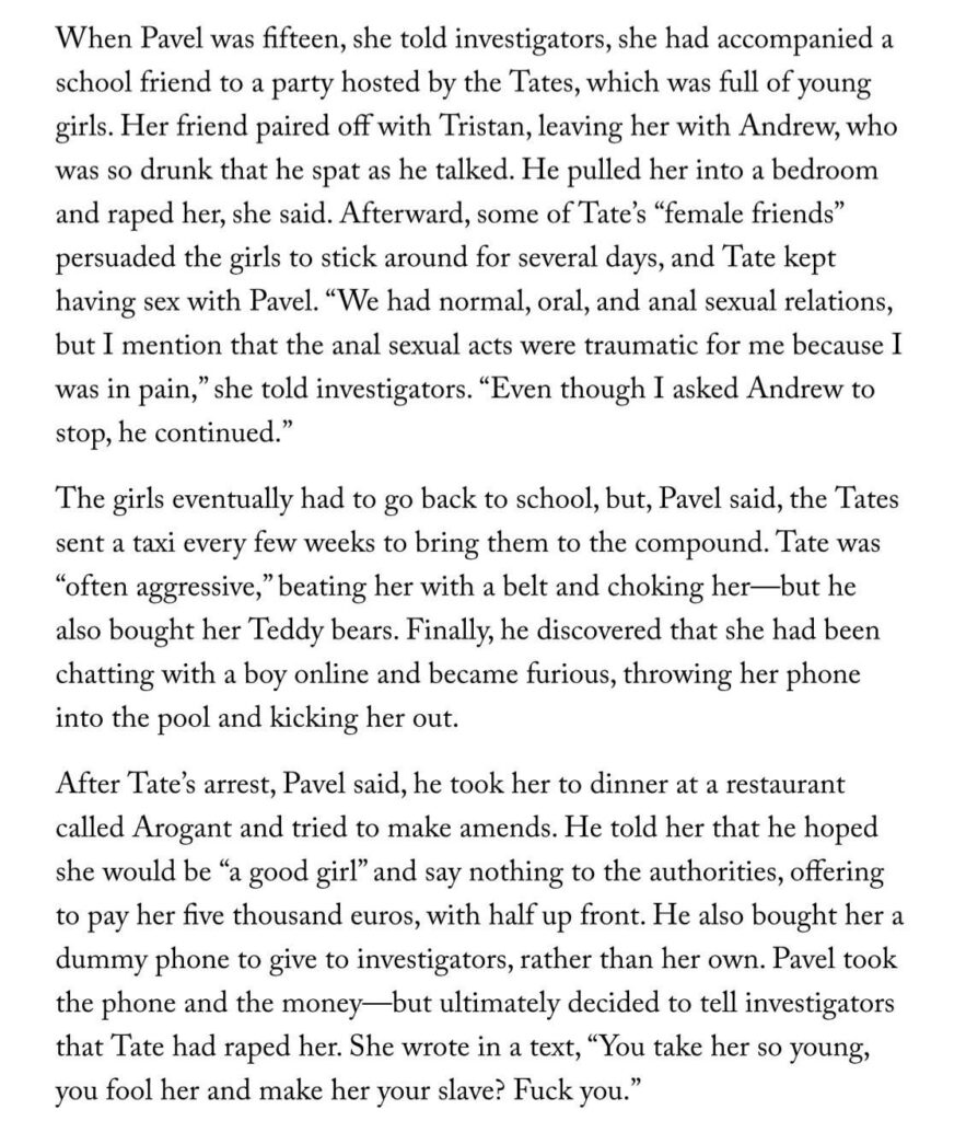 TW: Andrew Tate reportedly raped, choked and beat a 15 year old girl. He also bought her Teddy bears.
