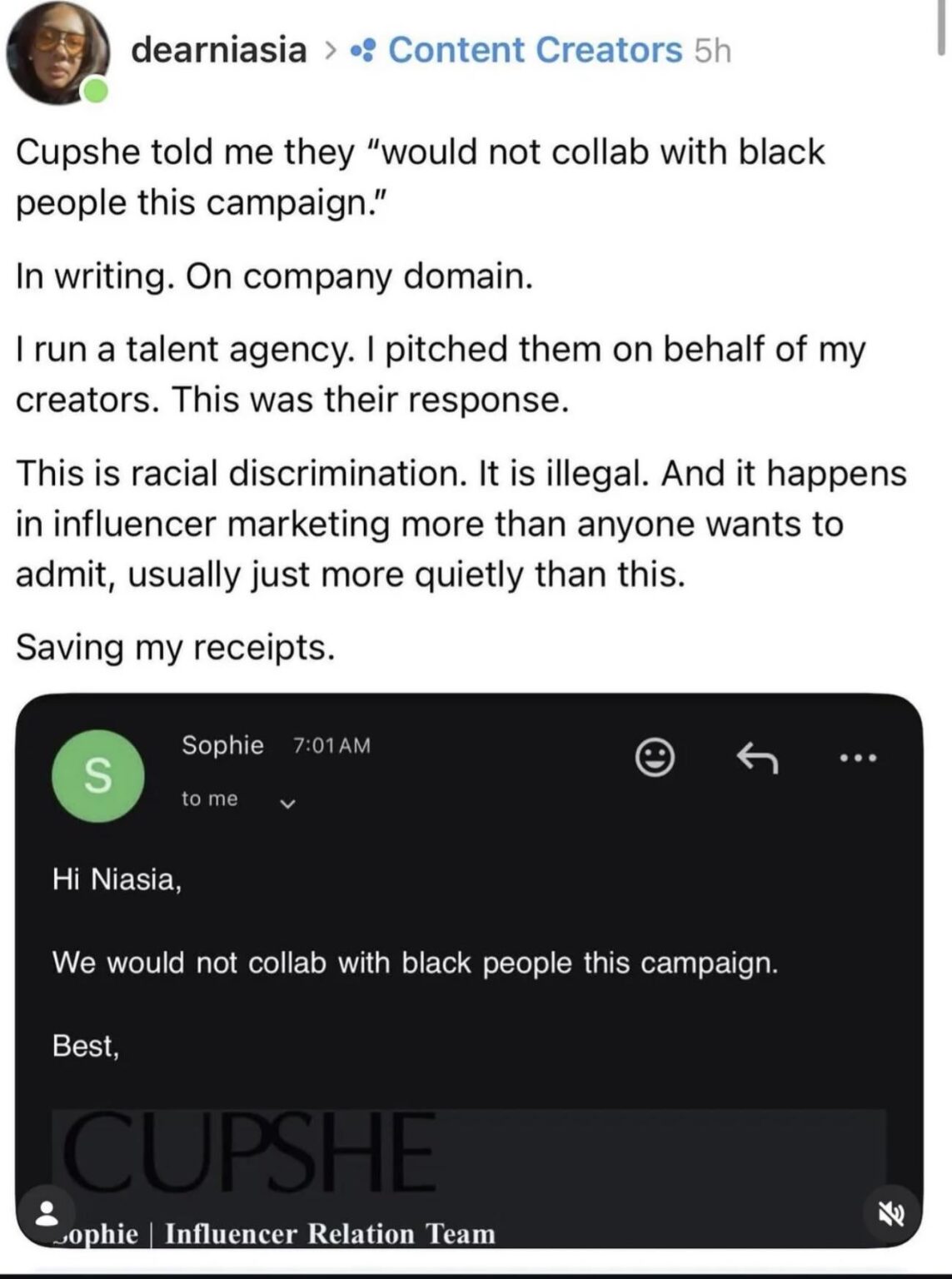 CupShe tells agent Niasia Boykin they “would not collab with black people”