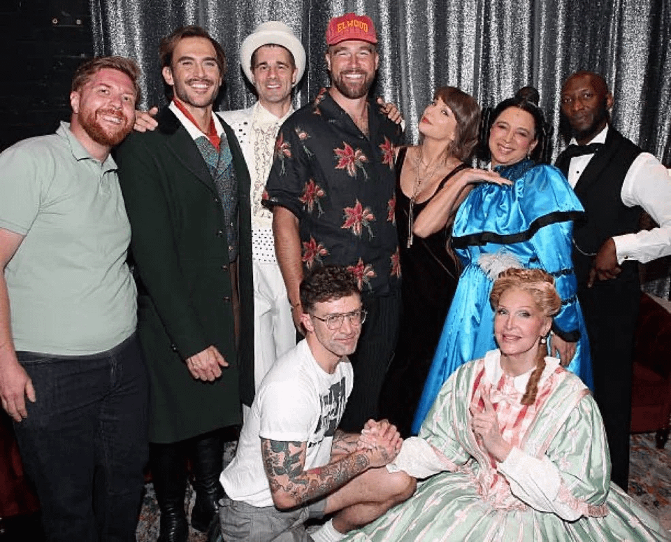 Taylor Swift and Travis Kelce backstage with the cast and director of "Oh Mary" after seeing the Broadway show today