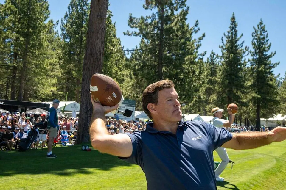 Fox News anchor Bret Baier engages with fans as plays catch before hitting off the 17th tee during the American Century Championship at Edgewood Tahoe Golf Course in Stateline, Nev., on Friday, July 10, 2026.