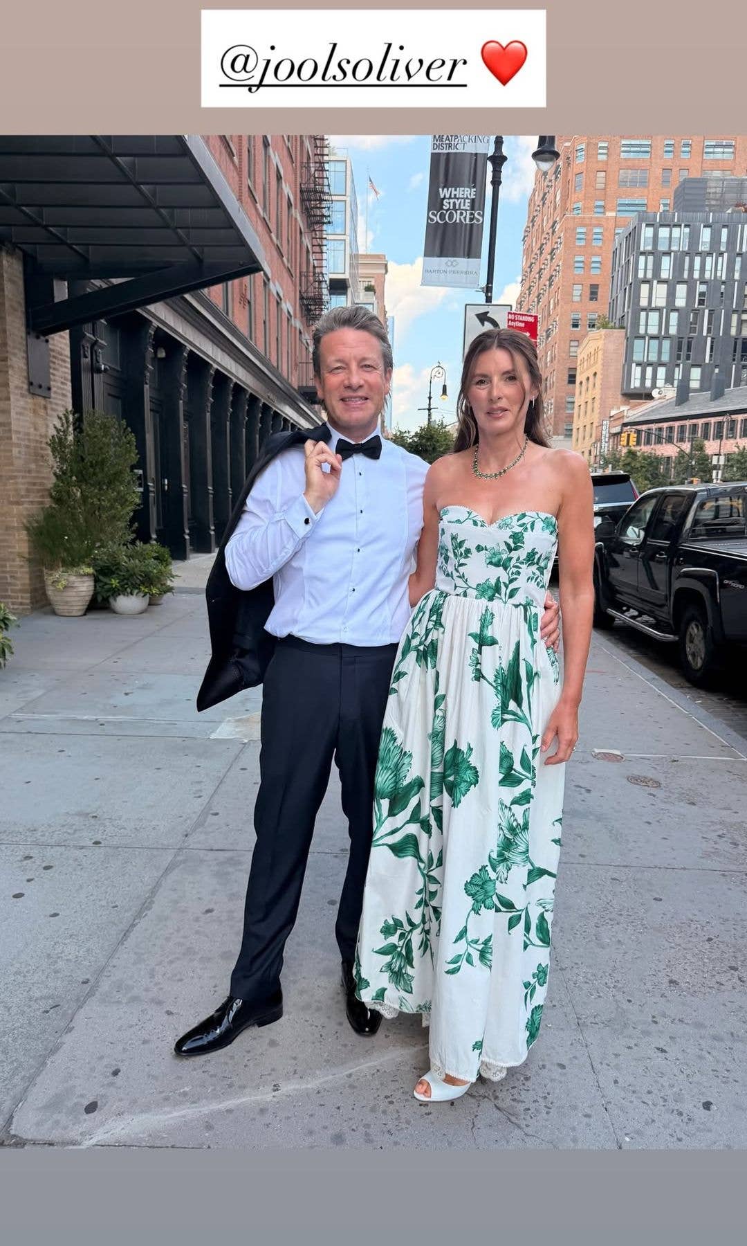 Jamie Oliver and his wife Jools Oliver pose for a photo dressed up for a wedding party in New York City, shared on Instagram