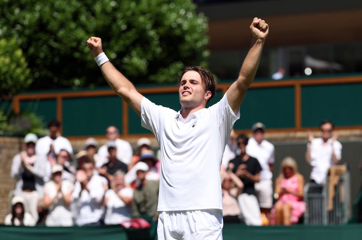 Arthur Fery of Great Britain celebrates victory over Otto Virtanen of Finland during their Gentlemen's Singles second round match on day four of The Championships Wimbledon 2026