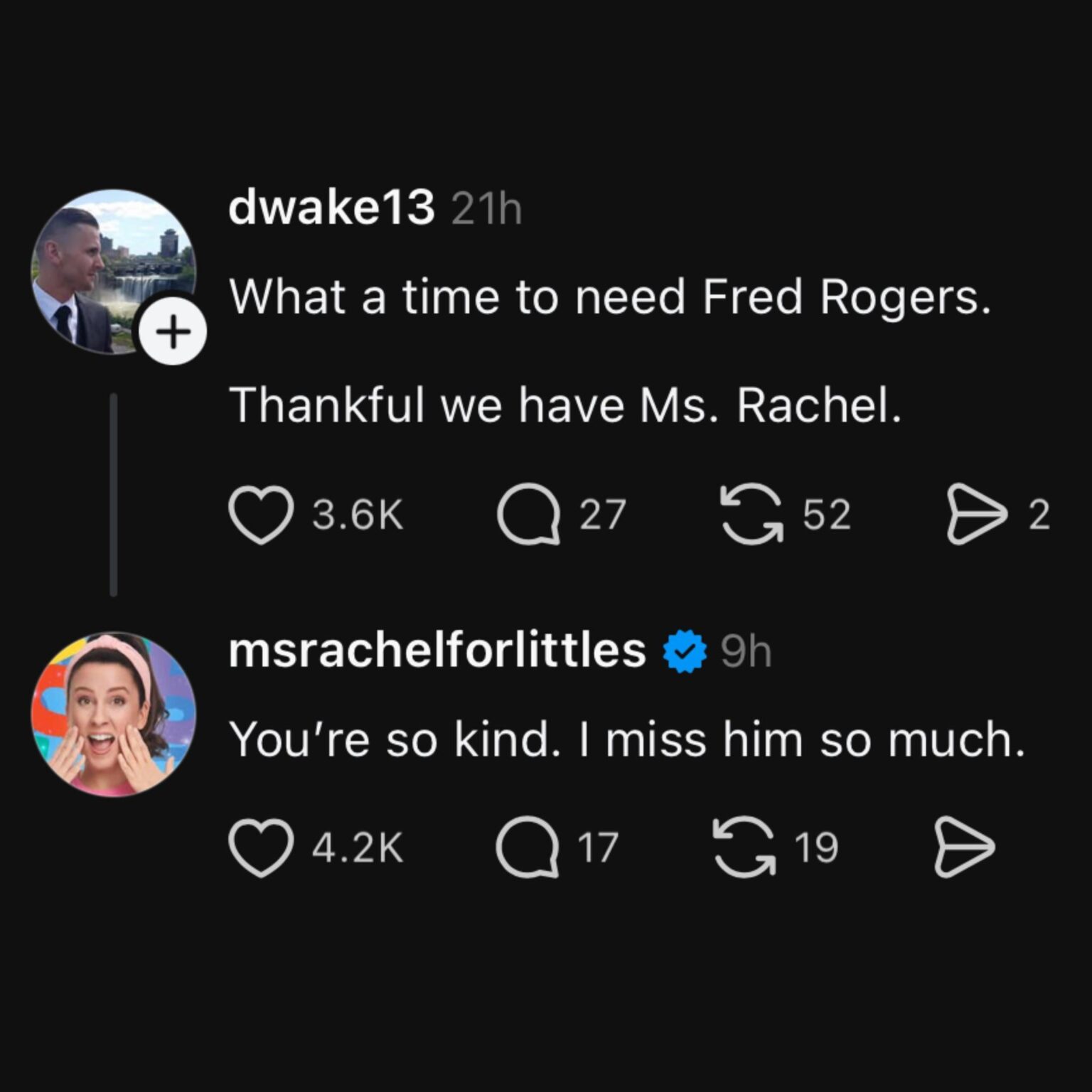 Ms. Rachel reacts to Mister Rogers comparison: “You're so kind. I miss him so much.”