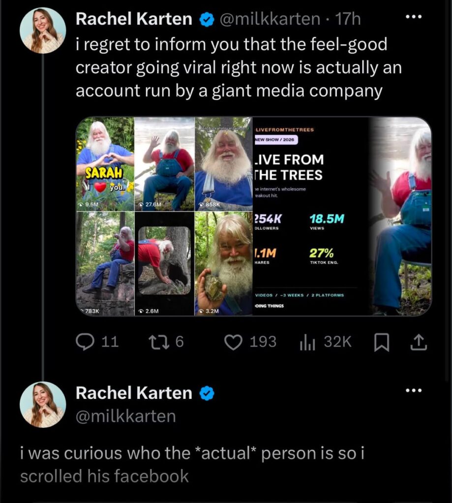 Wholesome-vibes viral "Live From the Trees" Instagram account is actually a corporate operation, owned by Doing Things Media. The man is an actor, and a fan of Ben Shapiro's transphobia