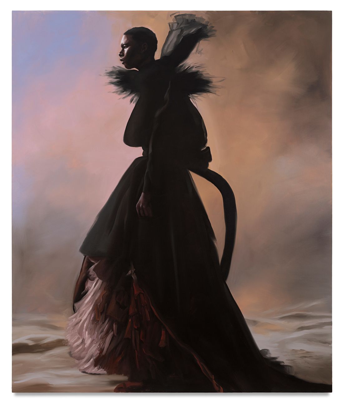 Nazareno’s paintings often begin on a miniature wooden mannequin where he drapes fabrics as if he’s a couturier.