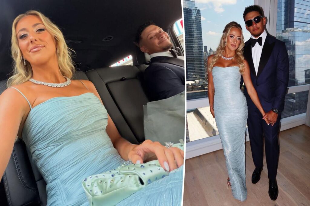 Brittany and Patrick Mahomes match in blue at Taylor Swift and Travis Kelce's wedding