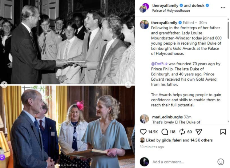Lady Louise Mountbatten-Windsor lauded for following in the footsteps of father and grandfather