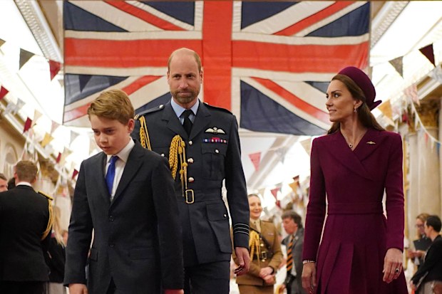 Prince George with the Prince of Wales and the Princess of Wales join Second World War veterans at a tea party in Buckingham Palace, central London, following the military procession to mark the 80th anniversary of VE Day. Picture date: Monday May 5, 2025. PA Photo. See PA story MEMORIAL VEDay. Photo credit should read: Yui Mok/PA Wire