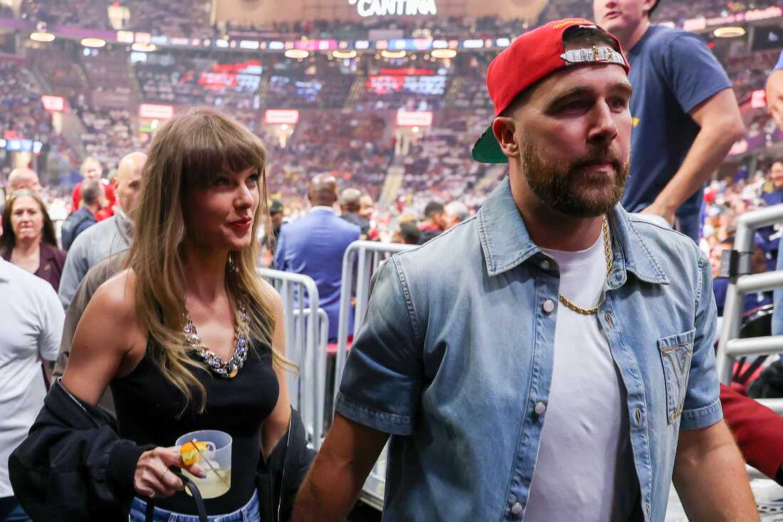 Taylor Swift and Travis Kelce of the Kansas City Chiefs, pictured at a basketball game in May.