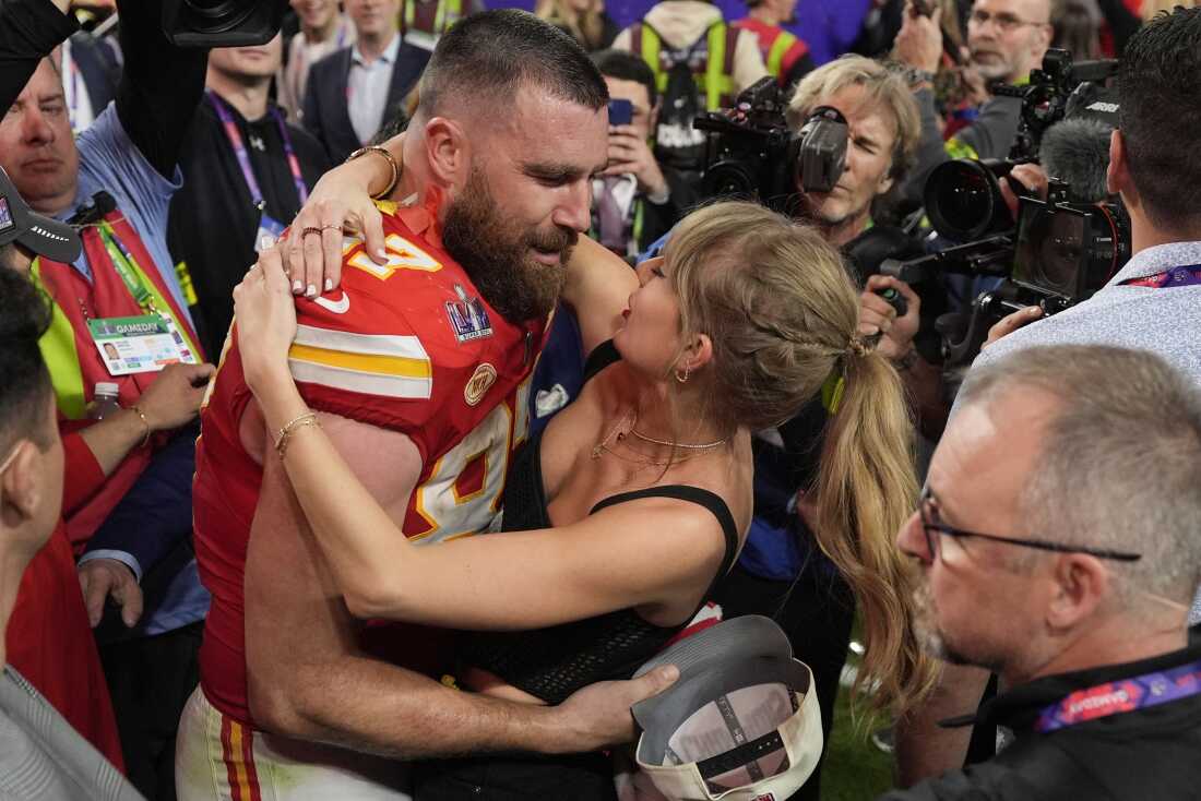 Swift and Kelce celebrate the Kansas City Chiefs' Super Bowl victory in Feb. 2024.