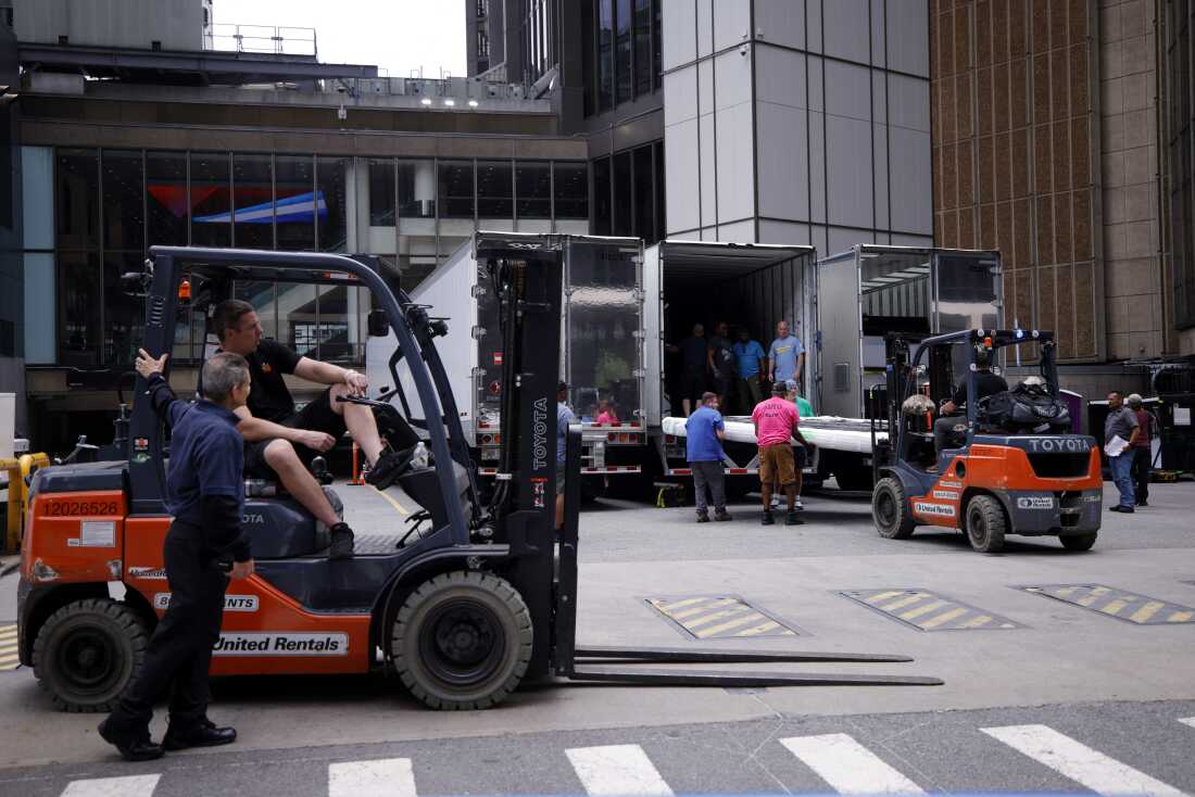 Forklifts and trucks were spotted outside Madison Square Garden in New York on Tuesday.
