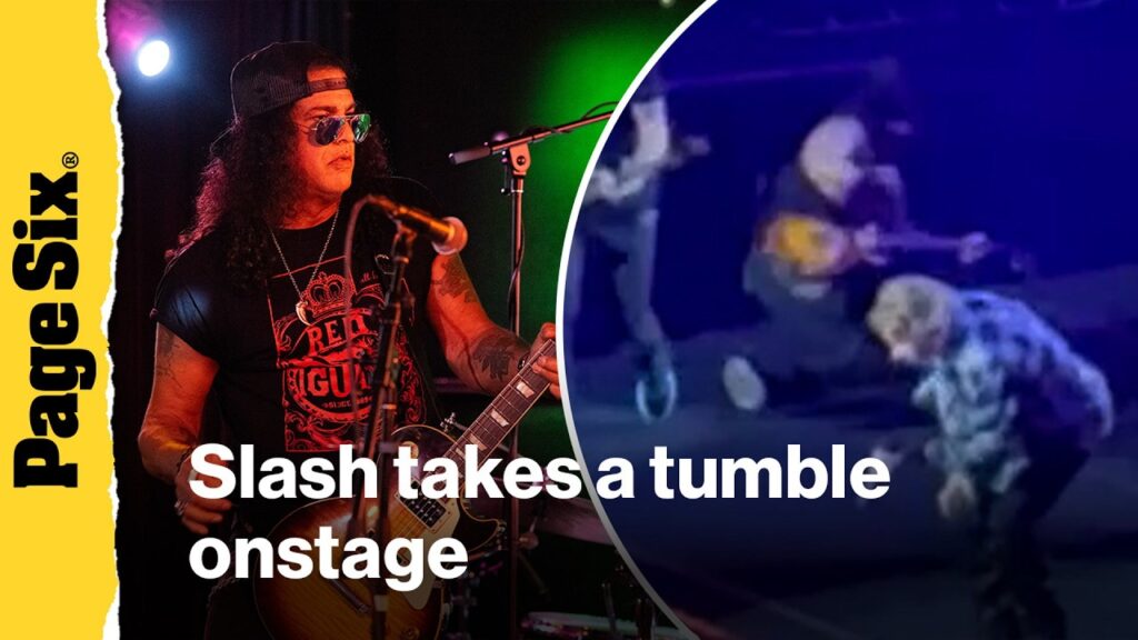 The shocking moment Slash takes a tumble onstage during Guns N' Roses concert in Paris