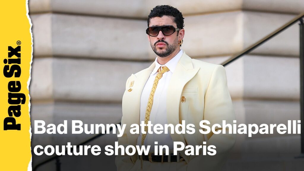 Bad Bunny attends Schiaparelli couture show in Paris in butter yellow suit Bad Bunny attends Schiaparelli couture show in Paris in butter yellow suit