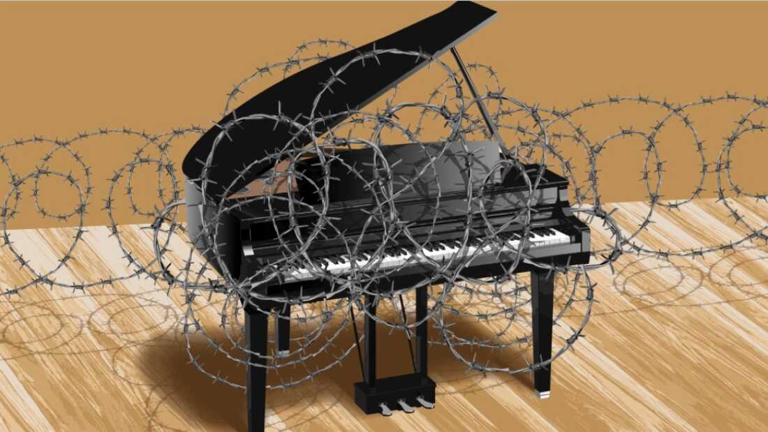 An illustration of a grand piano behind barbed wire