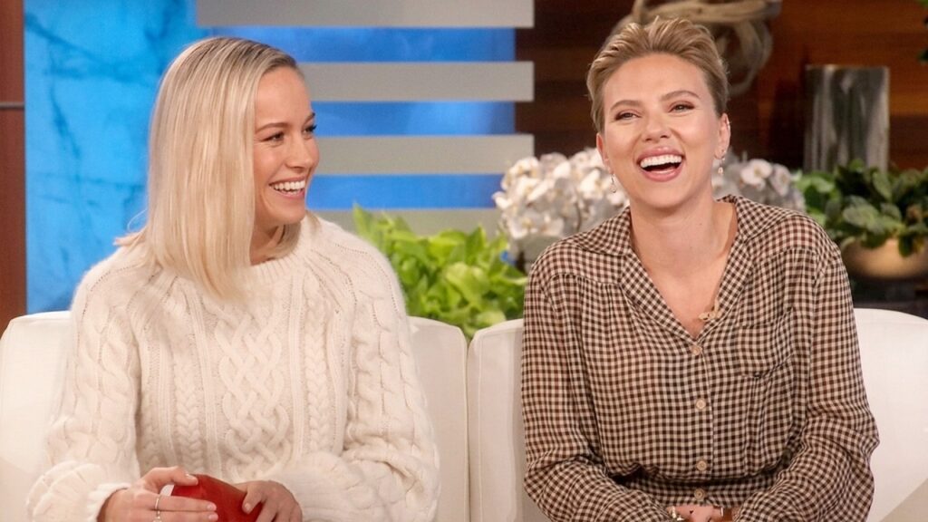 Scarlett Johansson and Brie Larson on First Kisses and Fan Tattoos Scarlett Johansson and Brie Larson on First Kisses and Fan Tattoos