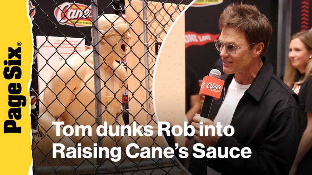 Tom Brady dunks Rob Gronkowski into Raising Cane’s Sauce at Fanatics Fest Tom Brady dunks Rob Gronkowski into Raising Cane's Sauce at Fanatics Fest