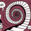 An illustration shows a woman holding her baby close to her chest. She has a speech bubble above her head that reads: "Ack!" She stares head-on into a spiraling staircase that continues to spiral, symbolizing intrusive thoughts. The illustration is hand drawn and colored in shades of black, white and mauve.