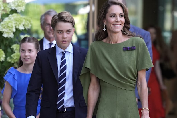 Catherine, Princess of Wales, Prince George and Princess Charlotte make their way to Center Court for the Gentlemen’s Singles final match between Jannik Sinner of Italy and Alexander Zverev of Germany on day fourteen of The Championships Wimbledon 2026 at All England Lawn Tennis and Croquet Club on July 12, 2026 in London, England. 