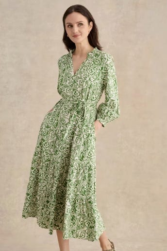 Amaris Tie Waist Floral Midi Dress, Green/Cream