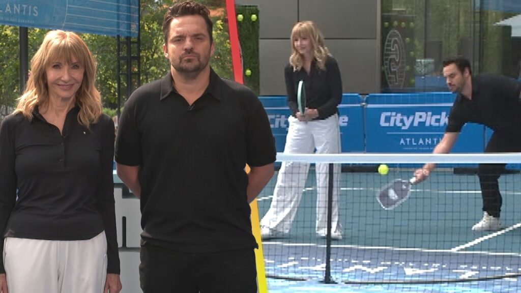 The Dink's Jake Johnson and Mary Steenburgen Challenge ET to a Real-Life Pickleball Game (Exclusive)