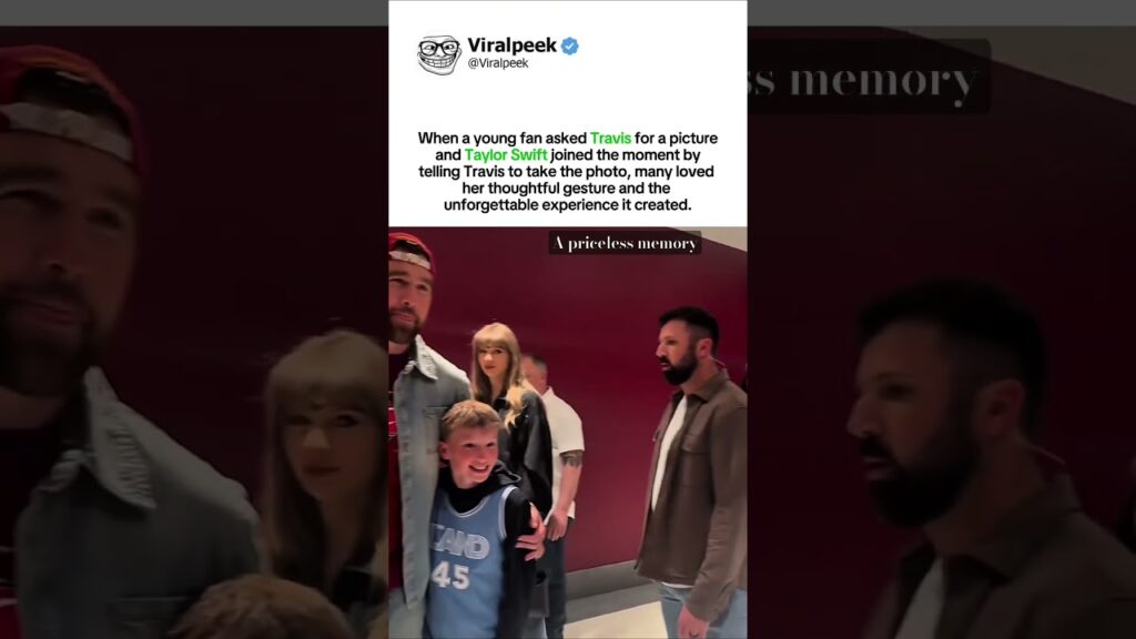 Taylor Swift helps a young fan snap a photo with Travis Kelce and photobombed in it. #taylorswift