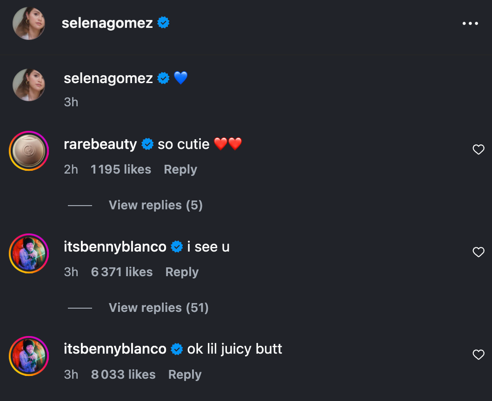Benny Blanco's comments on Selena Gomez's post. Benny Blanco's comments on Selena Gomez's post.