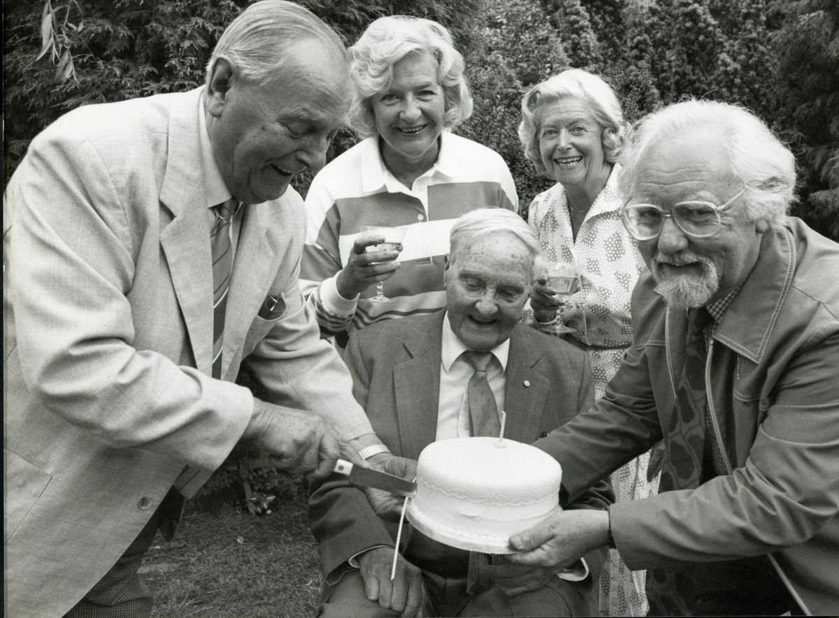 Members of The Archers cast gather to celebrate the 10,000th edition in 1989. Left to right: Tom Forrest (played by Bob Arnold), Jill Archer (Patricia Greene), Peggy Archer (June Spencer ), Phil Archer (Norman Painting) and seated Walter Gabriel (Chriss Gittins).