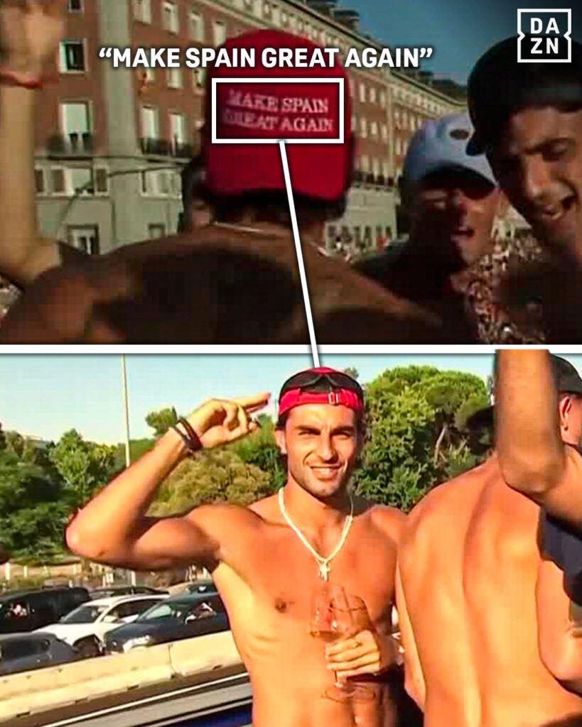 Ferran Torres, who scored Spains winning goal yesterday, wearing a "Make Spain Great Again" hat during the team's parade in Madrid to celebrate their World Cup win.
