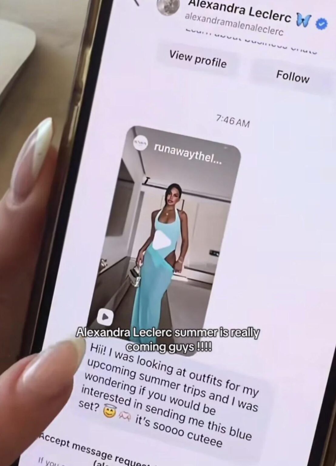 Alexandra Leclerc (wife of Formula 1 driver Charles Leclerc) DMing a small Australian clothing brand, asking them to send her a set for free Alexandra Leclerc (wife of Formula 1 driver Charles Leclerc) DMing a small Australian clothing brand, asking them to send her a set for free