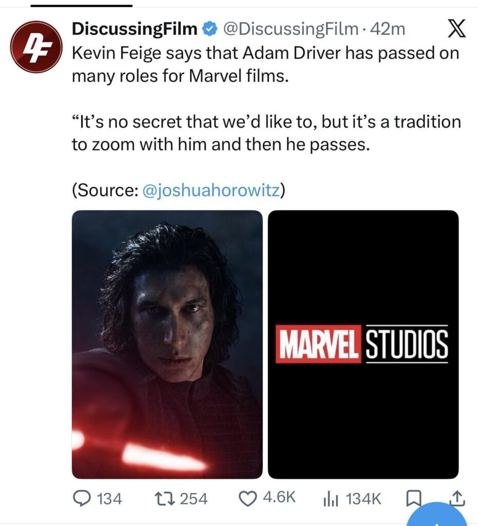 Kevin Feige says Adam Driver meets with him over Zoom about joining the MCU….then passes.