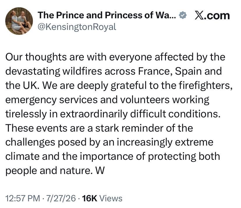 Prince William posted sympathy for those affected by recent wildfires