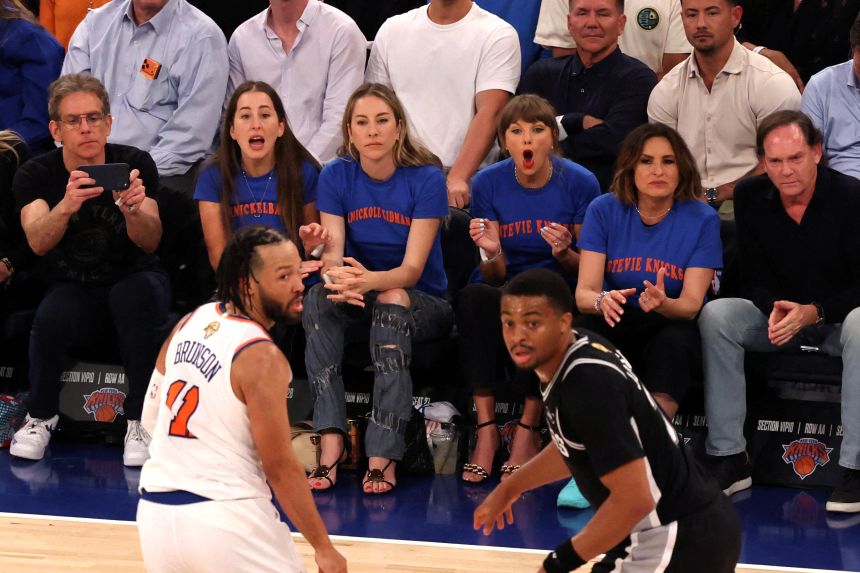 Taylor Swift, third from right, watches the New York Knicks play the San Antonio Spurs during game four of the NBA Finals on June 10, 2026, at MSG.