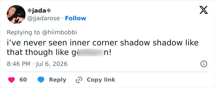 Screenshot of a tweet responding to the inner corner shadow, expressing awe at the makeup detail.