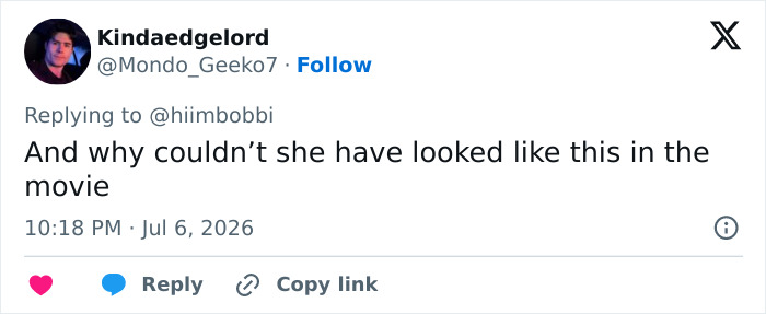 A social media user's comment about Zendaya's latest look, asking why she didn't look like this in the movie.