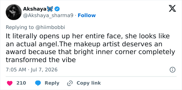 A tweet from @Akshaya_sharma9 praising Zendaya's makeup, It literally opens up her entire face, she looks like an actual angel.