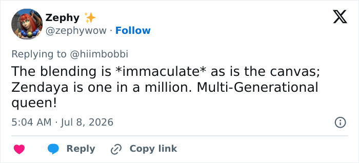A tweet by Zephy praising Zendaya's immaculate blending and unique look, calling her a multi-generational queen.
