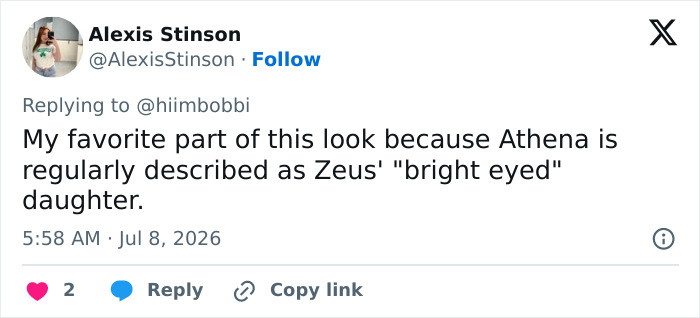 A tweet by Alexis Stinson appreciating Zendaya's latest look and a tiny detail, referencing Athena's bright eyes.