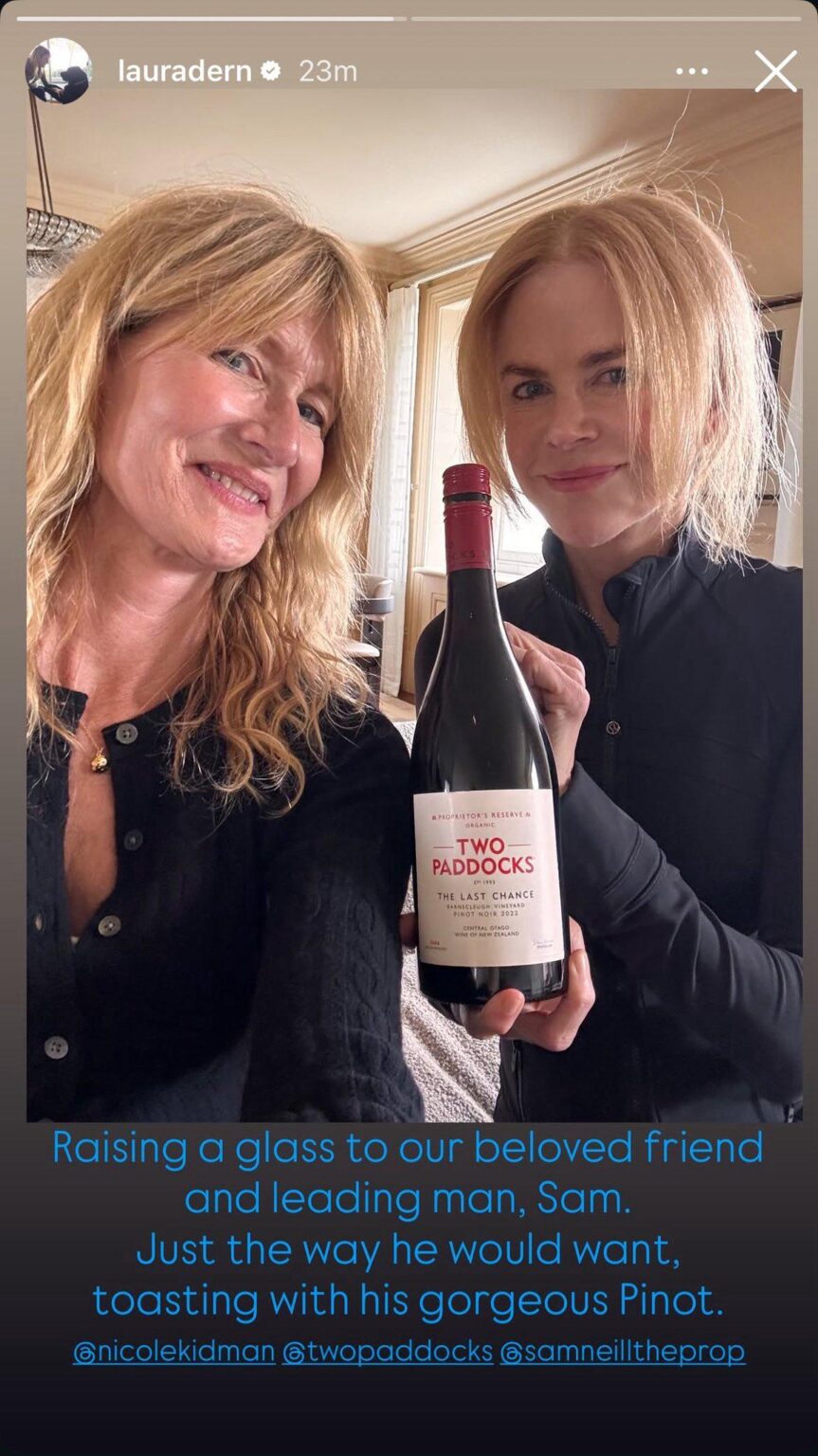 Laura Dern and Nicole Kidman raise their glass in honor of Sam Neill