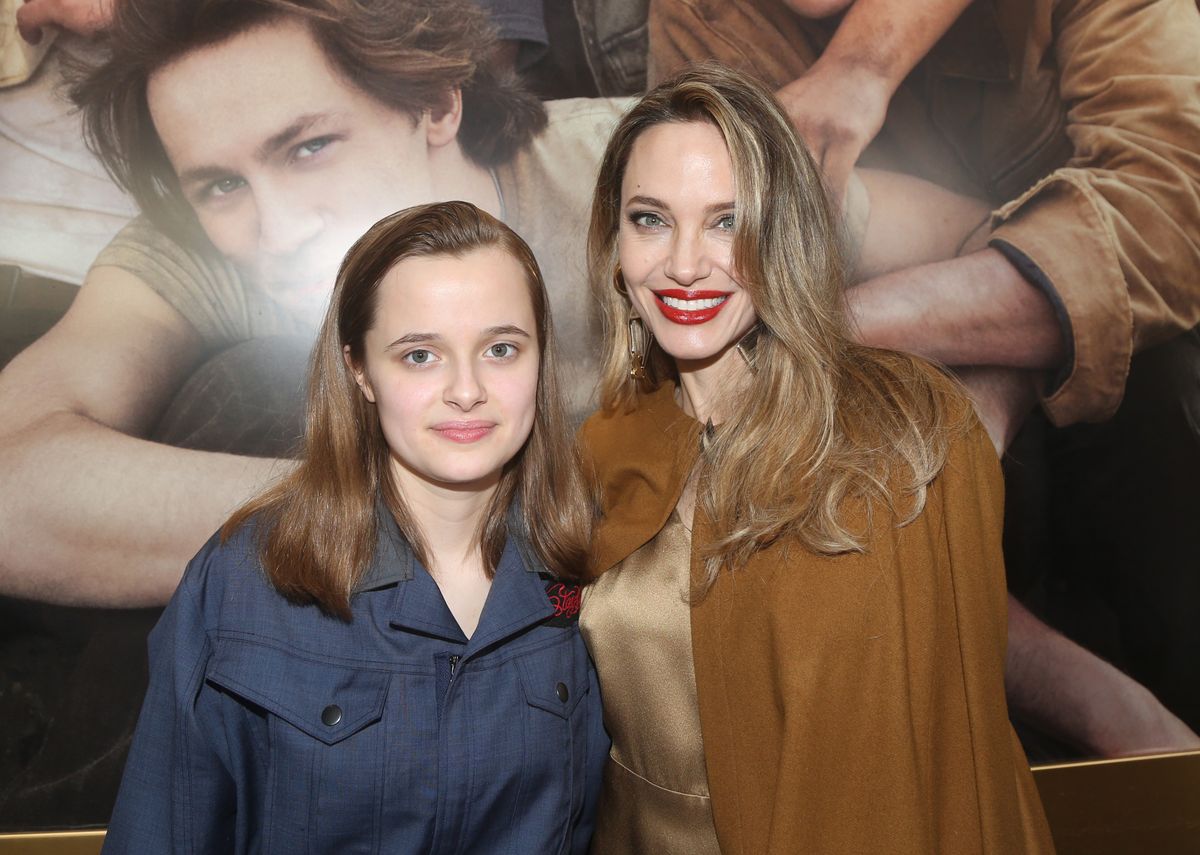 Vivienne Jolie-Pitt and Angelina Jolie attend the opening night of "The Outsiders" at The Bernard B. Jacobs Theatre on April 11, 2024 