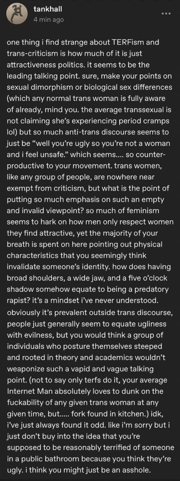 Ethel Cain calls out TERF movement and transphobia for revolving around physical attractiveness; “how does having broad shoulders, a wide jaw, and a five o'clock shadow somehow equate to being a predatory rapist?”