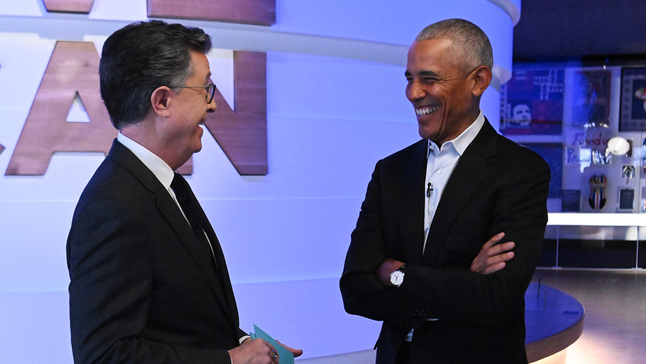 The Late Show with Stephen Colbert and guest President Barack Obama during Tuesday’s May 5, 2026 show.