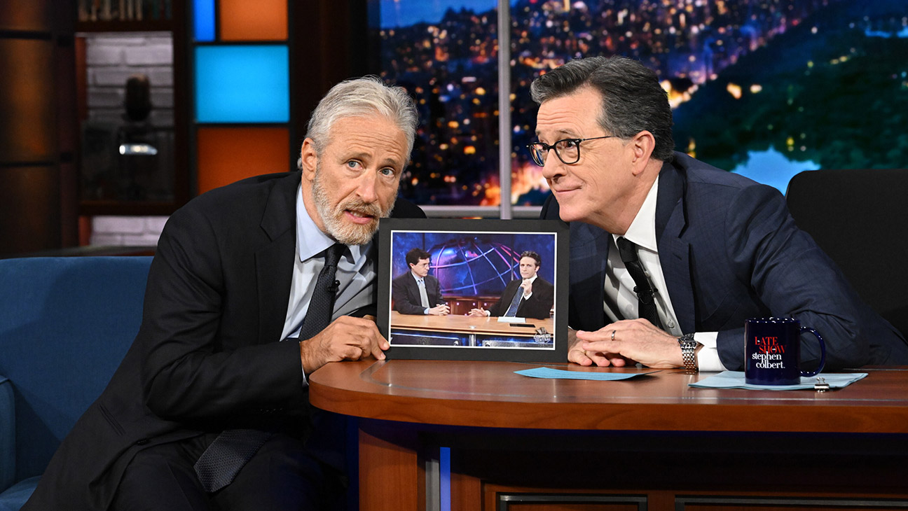 The Late Show with Stephen Colbert and guest Jon Stewart during Tuesday’s May 19, 2026 show.