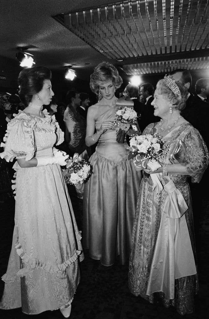 Princess Anne, Princess Diana and the Queen Mother were pictured in their evening gowns at the premiere of A Passage To India