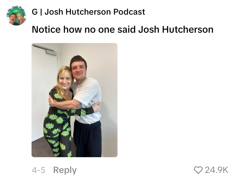 A woman in a leaf-patterned outfit and a man in a casual shirt and pants smile and pose together indoors. Text above comments on Josh Hutcherson