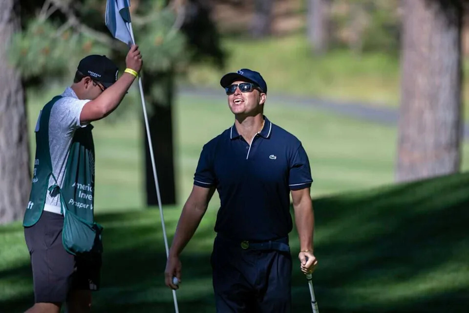 Saturday Night Live star Colin Jost reacts to a heckling fan at the American Century Championship at Edgewood Tahoe Golf Course in Stateline, Nev., on Friday, July 10, 2026.