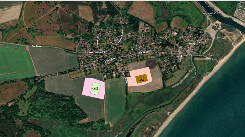 A map of a village with two different markers that show where underground cables could make landfall as part of an energy project.