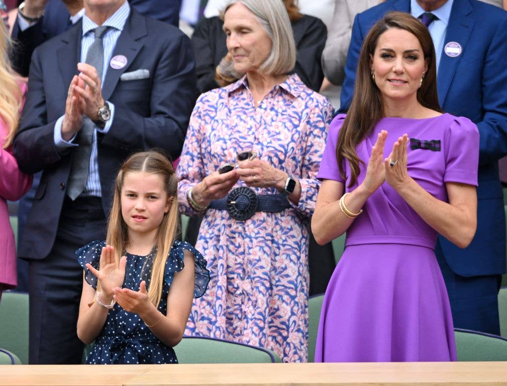 Charlotte of Wales and Catherine, Princess of Wales court-side of Centre Court during the men's final on day fourteen of the Wimbledon Tennis Championships at the All England Lawn Tennis and Croquet Club on July 14, 2024 