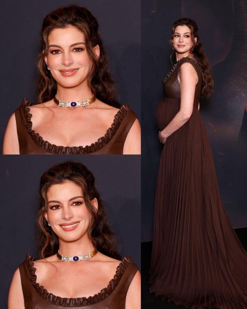Anne Hathaway wearing custom Louis Vuitton at ‘The Odyssey’ premiere in Paris. Styled by Erin Walsh. (July 8, 2026)